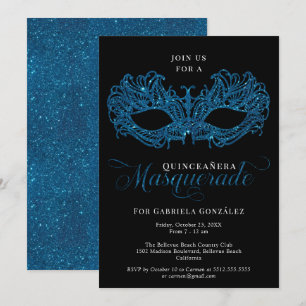 Elegant Blue Masquerade Mask Quinceanera Kaart