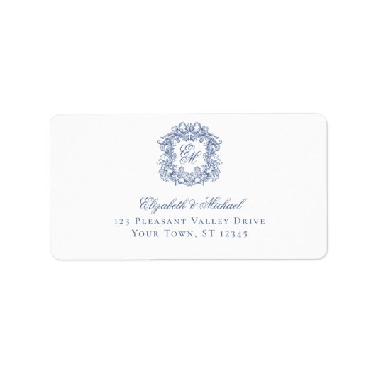 Elegant Blue Monogram Crest Wedding Address Etiket (Voorkant)