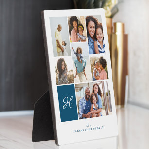 Elegant Blue Monogram Family Photo Collage Grid Fotoplaat