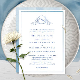 Elegant Blue Monogram Formele Waterverf Weddenscha Kaart