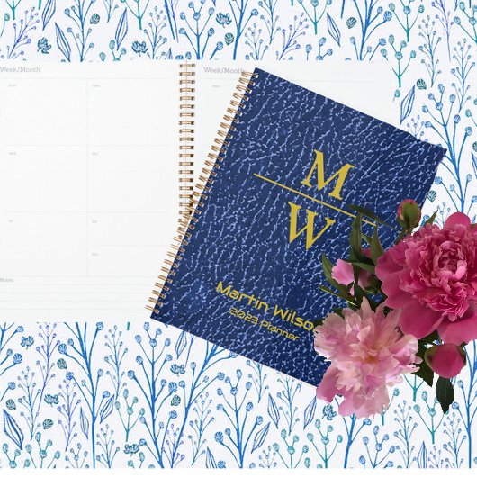 Elegant Blue Monogram Luxe Textuur Gold Lettering Planner