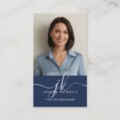 Elegant Blue Monogram Script Initialen Foto Visitekaartje (Voorkant)