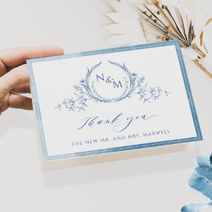 Elegant Blue Monogram, Waterverf Wedding Bedankt