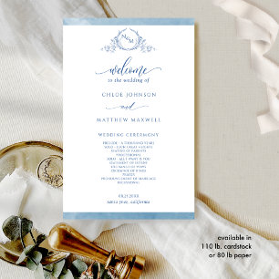 Elegant Blue Monogram Waterverf Wedding Programme