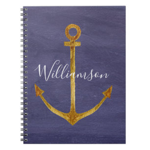 Elegant Blue Nautical Gold Anchor Boat Yacht Notitieboek