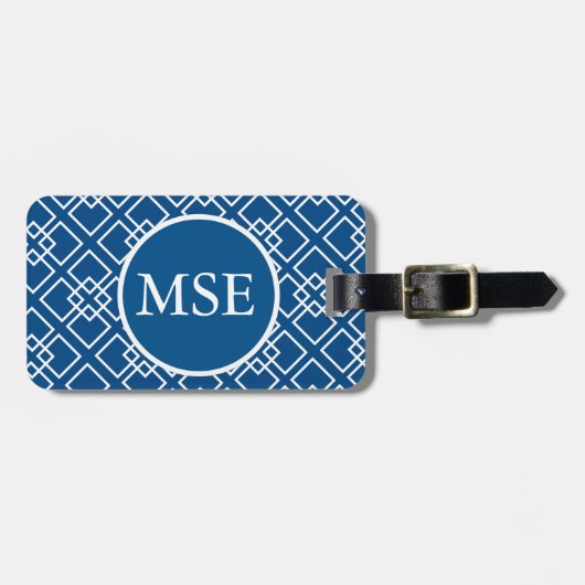 Elegant Blue Navy Geometric Pattern Monogram Bagagelabel (Voorkant horizontaal)