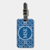 Elegant Blue Navy Geometric Pattern Monogram Bagagelabel (Voorkant verticaal)