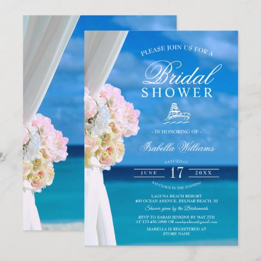 Elegant Blue Ocean Beach Bridal Shower Kaart (Voorkant / Achterkant)