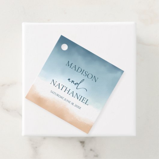 Elegant Blue Ocean Beach Shore Zand Bruiloft Bedankjes Labels (In situ)