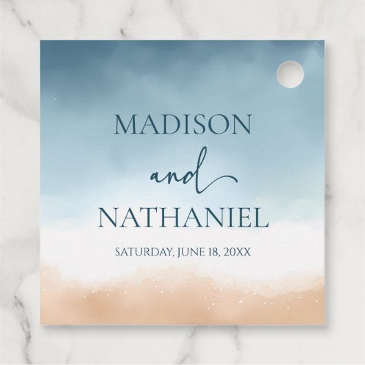 Elegant Blue Ocean Beach Shore Zand Bruiloft Bedankjes Labels (Achterkant)