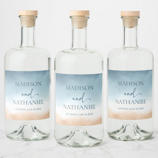 Elegant Blue Ocean Beach Shore Zand Bruiloft Likeurfles Etiket (Flessen)