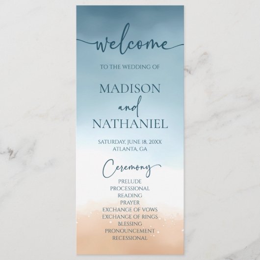 Elegant Blue Ocean Beach Shore Zand Bruiloft Programma (Voorkant)