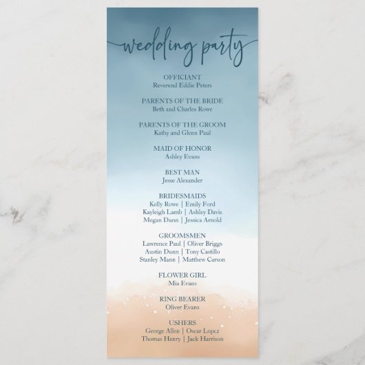 Elegant Blue Ocean Beach Shore Zand Bruiloft Programma (Achterkant)