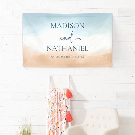 Elegant Blue Ocean Beach Shore Zand Bruiloft Spandoek (Insitu)