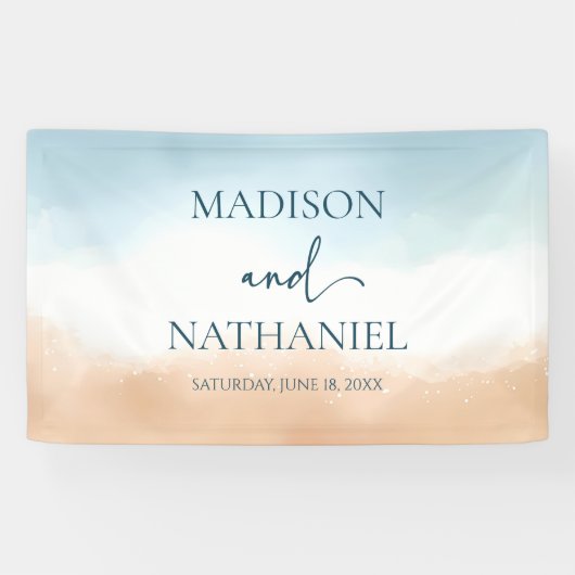 Elegant Blue Ocean Beach Shore Zand Bruiloft Spandoek (Horizontaal)