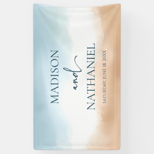 Elegant Blue Ocean Beach Shore Zand Bruiloft Spandoek (Verticaal)