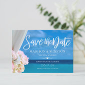 Elegant Blue Ocean Beach Summer Save the Date Kaar (Staand voorkant)