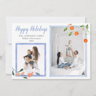 Elegant Blue Oranje Citrus Kerstmis Twee Foto Feestdagenkaart