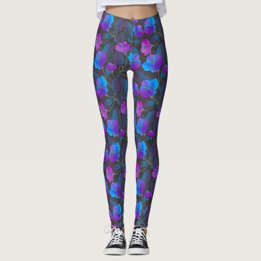 Elegant Blue Paars Pink Flowers Leggings (Voorkant)