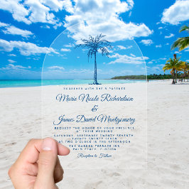 Elegant Blue Palm Formal Beach Wedding Acryl Uitnodigingen