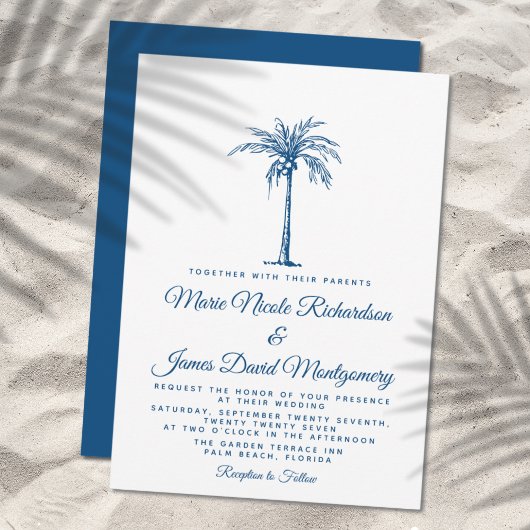 Elegant Blue Palm Formal Beach Wedding Kaart