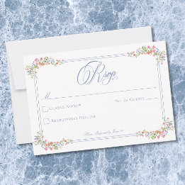 Elegant Blue Pastel Wildflower Border Wedding RSVP Kaartje