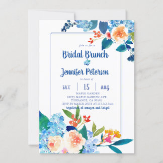 Elegant Blue & Peach Floral Bridal Brunch Kaart