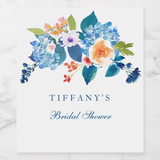 Elegant Blue Peach Floral Vrijgezellenfeest Wine L Wijn Etiket (Enkel label)