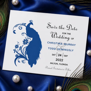 Elegant Blue Peacock Flat Save the Date Kaart
