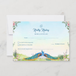 Elegant Blue Peacock Floral Indian Wedding Theme RSVP Kaartje