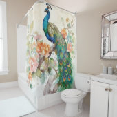 Elegant Blue Peacock Pink Flowers Douchegordijn (In situ)