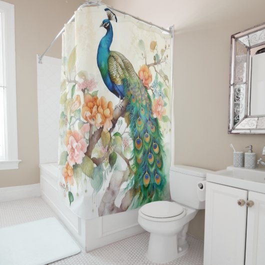 Elegant Blue Peacock Pink Flowers Douchegordijn (In situ)