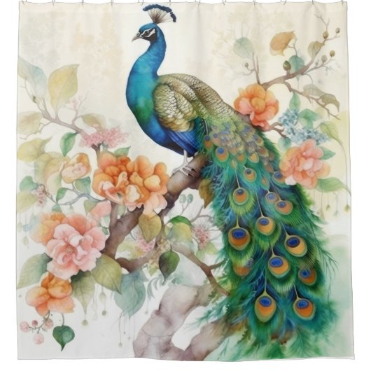 Elegant Blue Peacock Pink Flowers Douchegordijn (Voorkant)