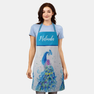 Elegant Blue Peacock Waterverf Art Womans Apron Schort