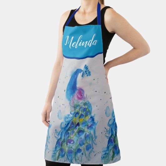 Elegant Blue Peacock Waterverf Art Womans Apron Schort (Insitu)
