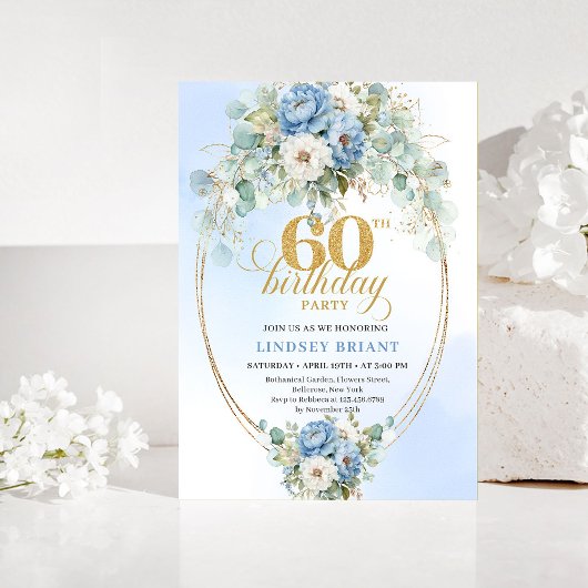 Elegant Blue Peonies 60th Birthday Invitation