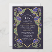 Elegant Blue Peony Art Nouveau QR Code Wedding Kaart (Voorkant)