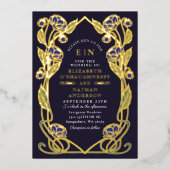 Elegant Blue Peony Art Nouveau Wedding All in One Folie Uitnodiging (Voorkant)