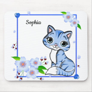 Elegant Blue Peony Flower and Blue Cute Cat Muismat