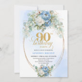 Elegant Blue Peony Gold 90th Birthday Invitation (Devant)