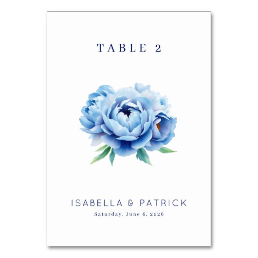 Elegant Blue Peony Table Number Kaart (Voorkant)