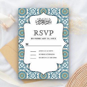 Elegant Blue Persian Mosaic Islamic Muslim Weduwsc RSVP Kaartje