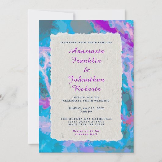 Elegant Blue Pink Abstracte Waterverf Wedding Kaart (Voorkant)