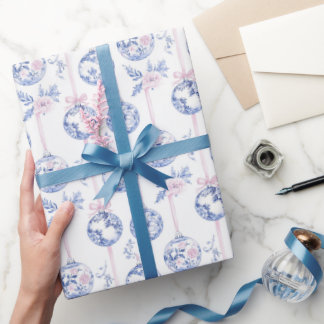 Elegant Blue & Pink Toile Christmas Ornaments Wrap Cadeaupapier