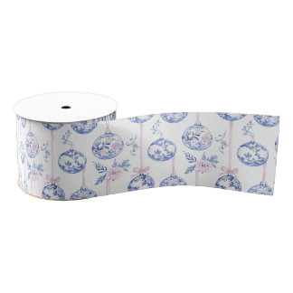 Elegant Blue & Pink Toile Christmas Ornaments Wrap Grosgrain Lint