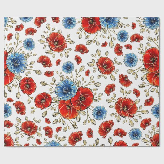 Elegant Blue-, Red- en Gold Herdenking Poppies Cadeaupapier (Vlak)