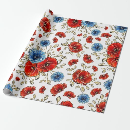 Elegant Blue-, Red- en Gold Herdenking Poppies Cadeaupapier (Uitgerold)
