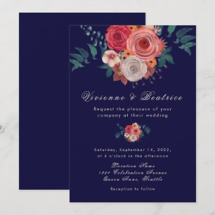 Elegant blue red rozen huwelijksuitnodiging kaart