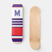 Elegant blue red white stripes monogram skateboard (Recto)