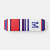 Elegant blue red white stripes monogram skateboard (Horz)